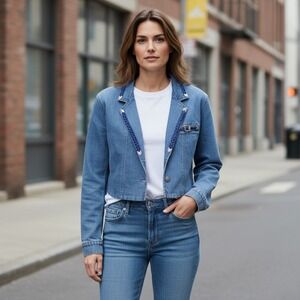 Haiks Vintage Denim Cropped Blazer Jacket Braided Trim Embellished Pocket Sz L